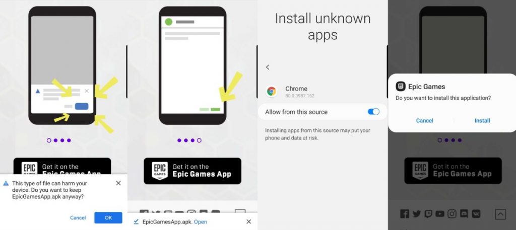 instruction card on how to install fortnite on android